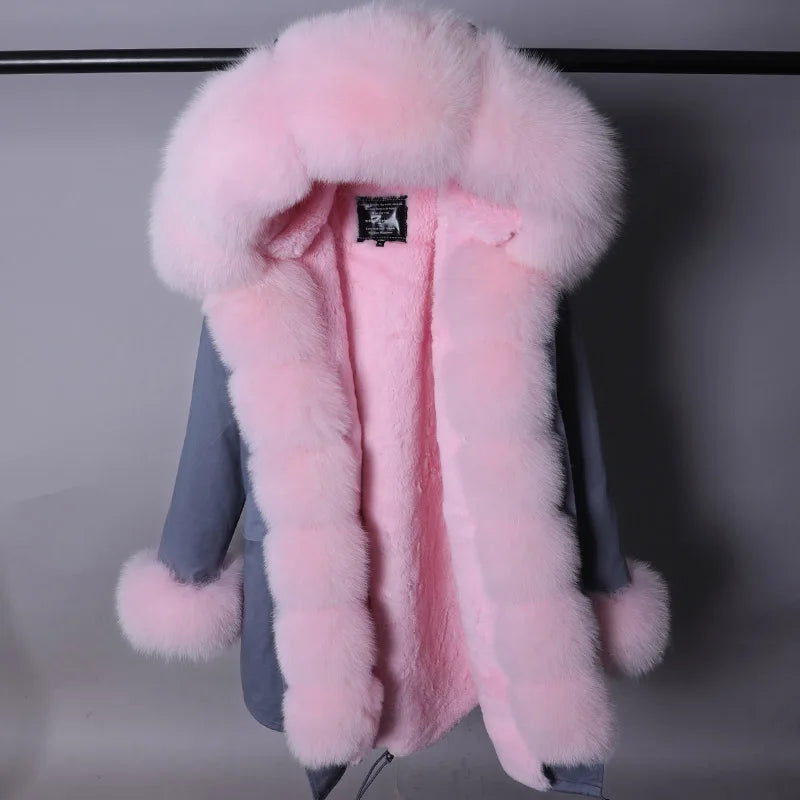 Parka invernale da donna con cappuccio, pelliccia rosa e fodera calda