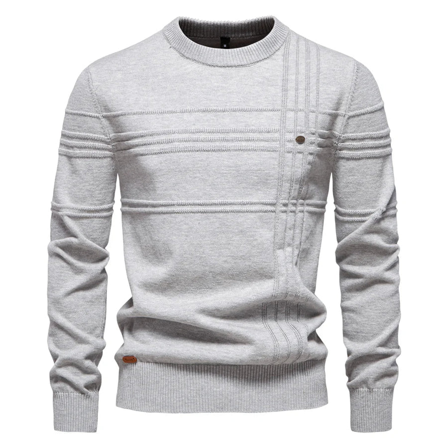 Suéter de hombre de cuello redondo, tejido con motivos texturizados, beige