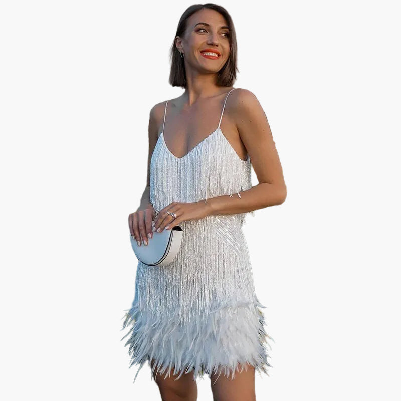 Robe cocktail femme style années 20 à franges et plumes – Idéale pour soirée élégante ou fête tendance