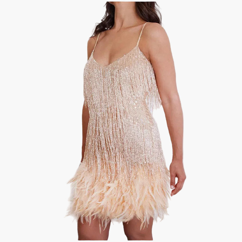 Robe cocktail femme style années 20 à franges et plumes – Idéale pour soirée élégante ou fête tendance