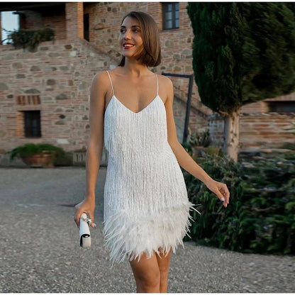 Robe cocktail femme style années 20 à franges et plumes – Idéale pour soirée élégante ou fête tendance