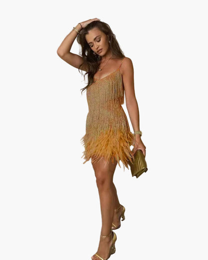 Robe cocktail femme style années 20 à franges et plumes – Idéale pour soirée élégante ou fête tendance