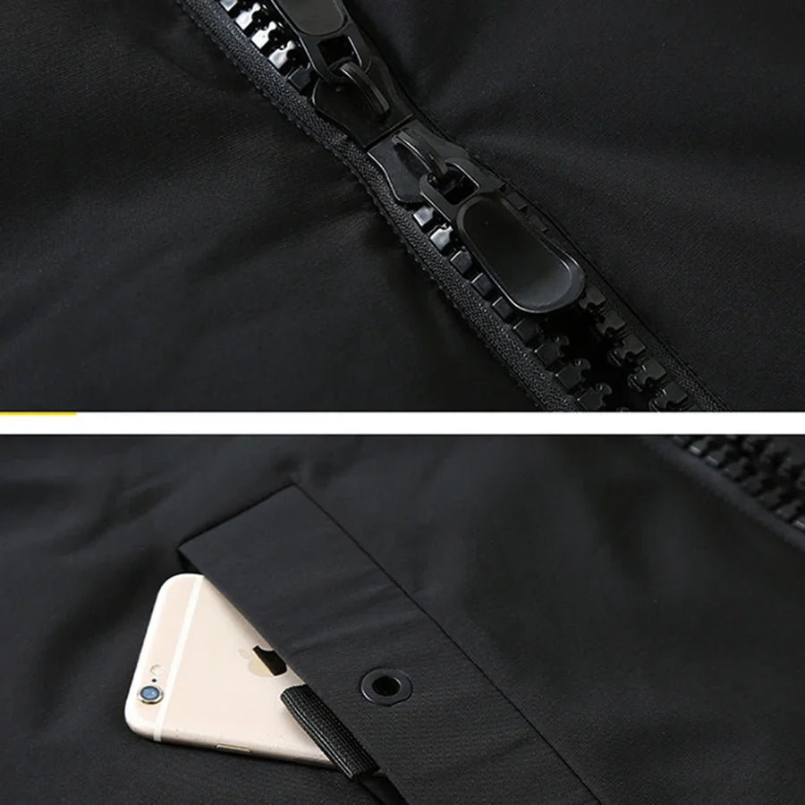 Manteau à capuche homme noir long avec fermeture éclair double et bandes blanches