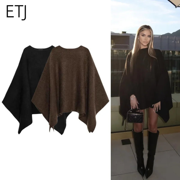 Poncho elegante e caldo da donna, nero o marrone, mantella ampia da esterno