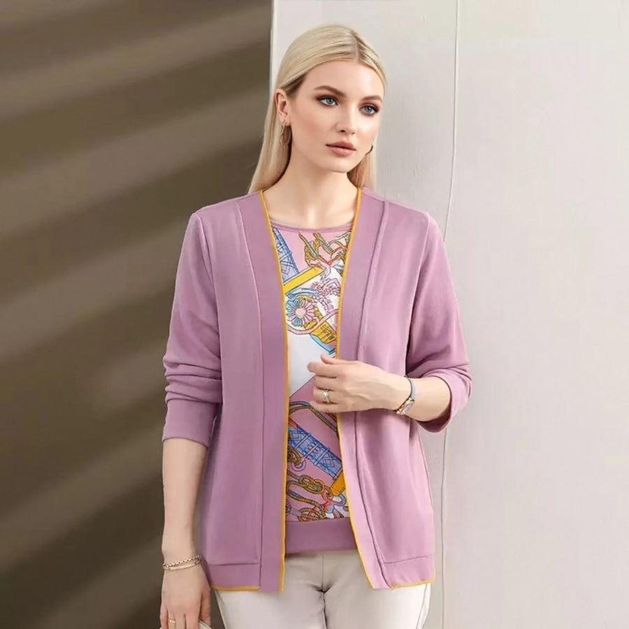 Damesæt med åben cardigan og mønstret top, beige