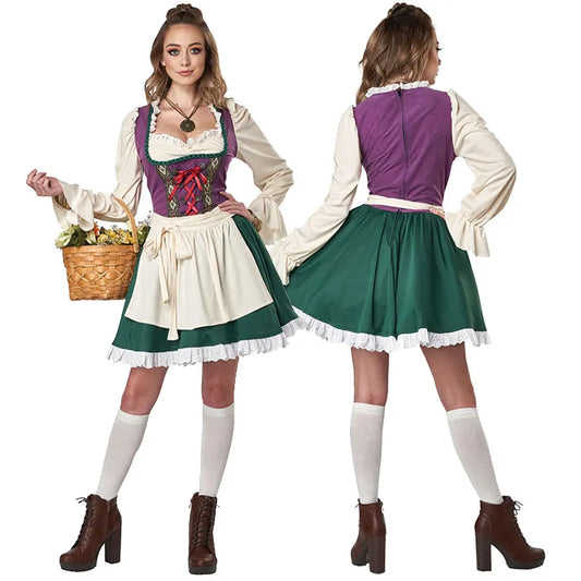 Traditional Women’s Green and Purple Dirndl Dress with Blouse and Flared Skirt