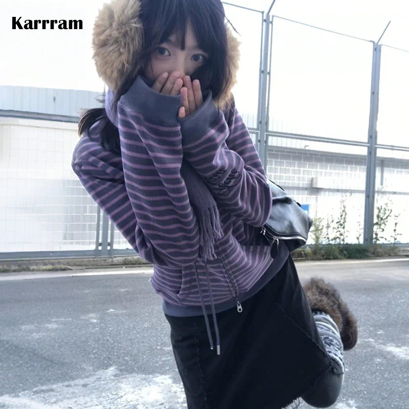 Women's Casual Purple and Charcoal Striped Zip-Up Hoodie