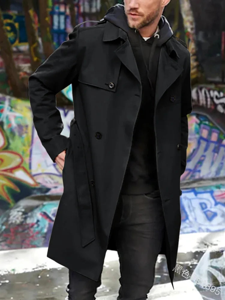 Trench-coat lungo da uomo doppiopetto con cintura beige