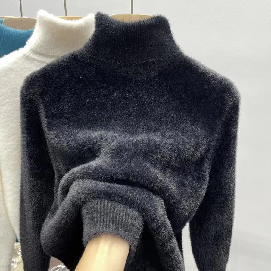 Pull col roulé doux et chaud en tissu effet peluche pour femme