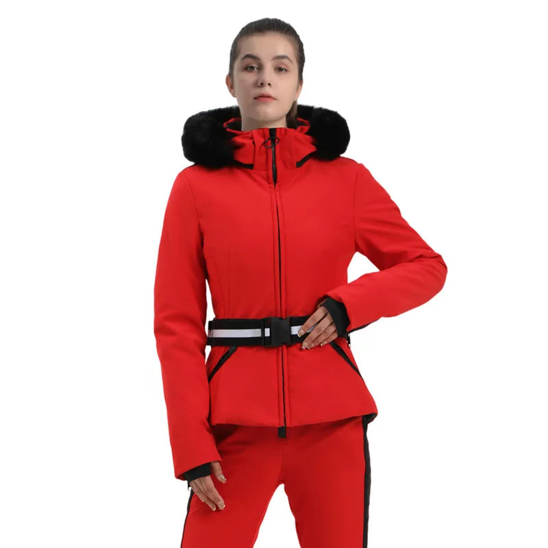 Veste de Ski Femme Motif Pied-de-Poule Noir et Beige avec Capuche et Ceinture