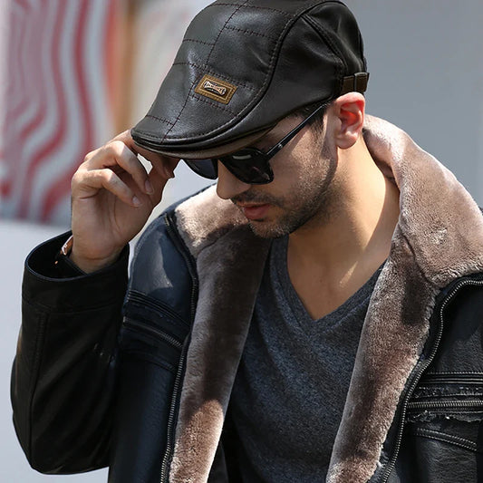 Christopher – Men's Winter Beret in Synthetic Leather with Visor