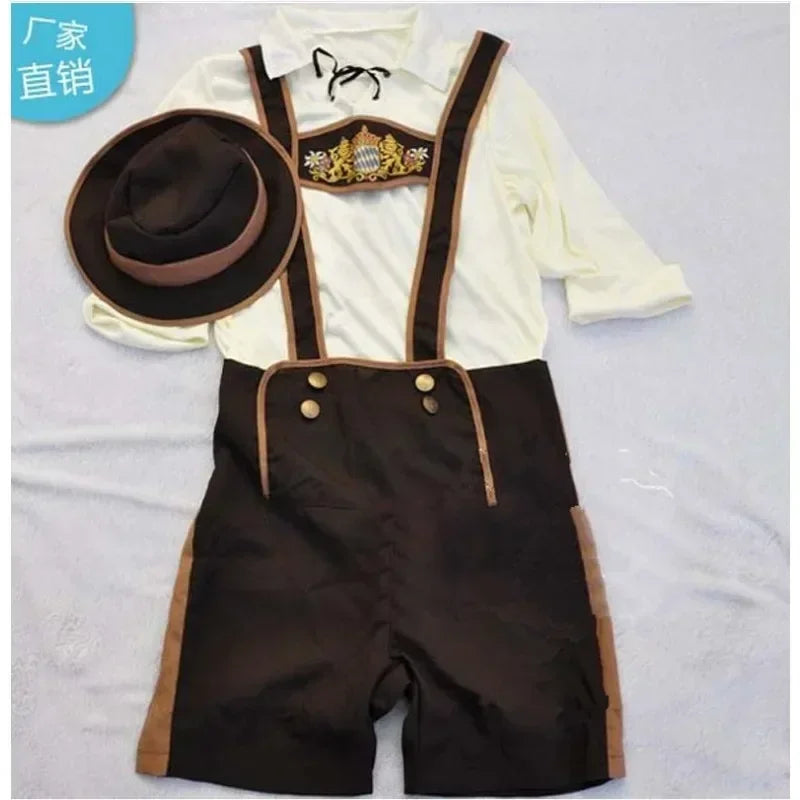 Complete Bavarian Men's Costume in Brown and White with Suspenders and Hat