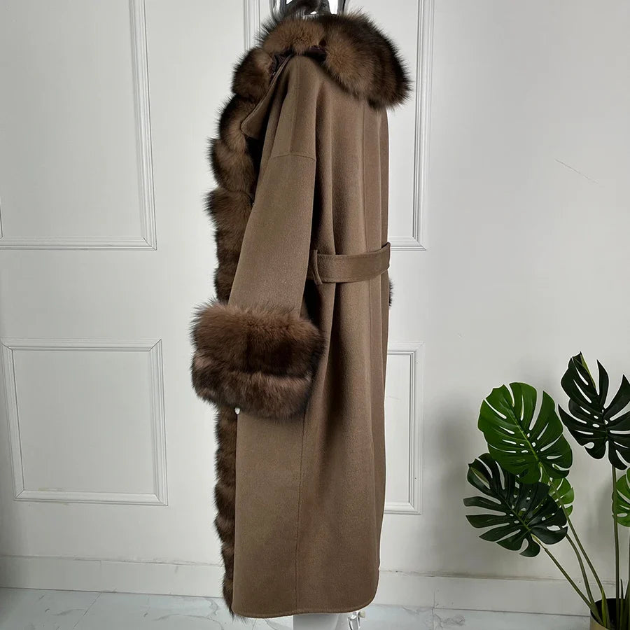 Manteau long femme marron avec col et poignets effet fourrure