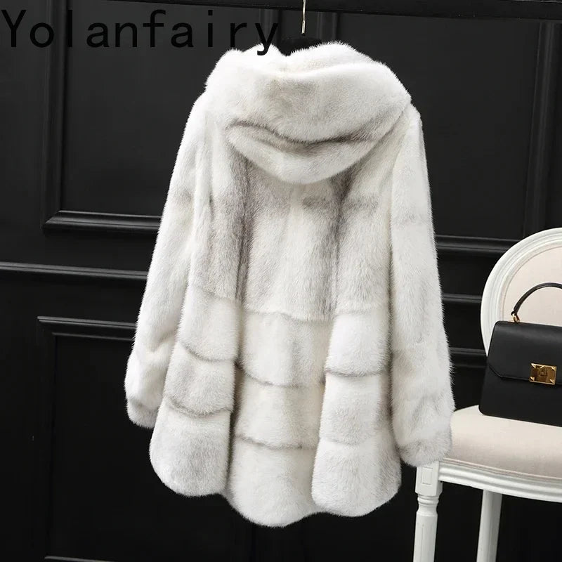 Manteau à Capuche Doux Femme Blanc & Gris Panneaux Horizontaux