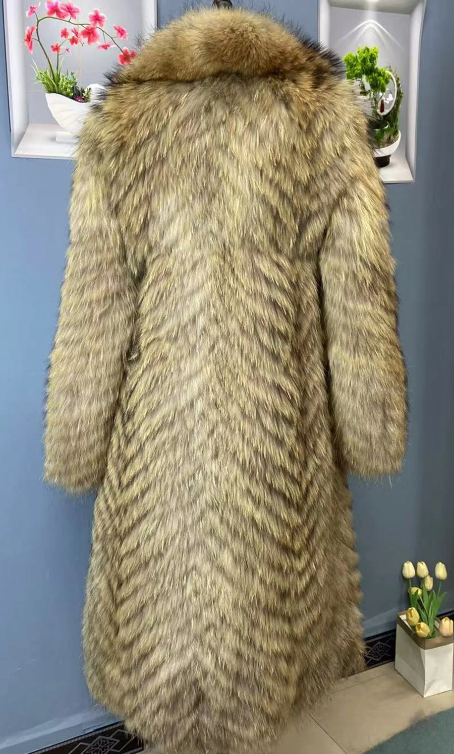 Manteau long pour femme en fausse fourrure à motif chevrons et col large