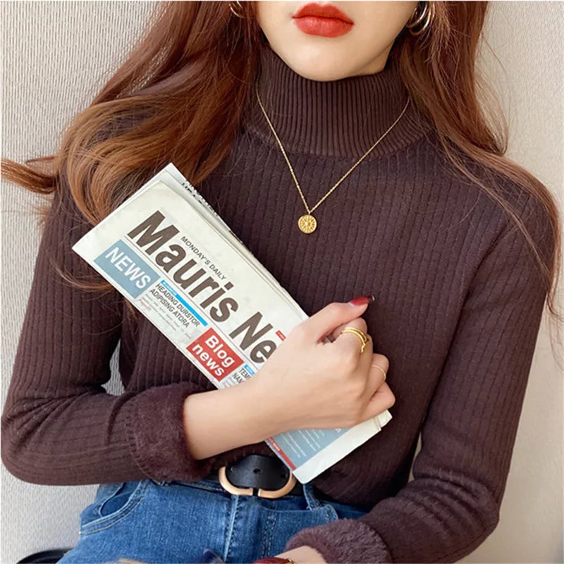 Crop top da donna a coste con collo alto, fodera calda effetto pelliccia