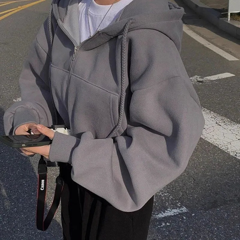 Sudadera corta con capucha y cremallera para mujer, de manga larga y color liso