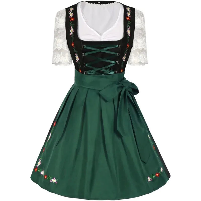 Traditionel grøn og sort dirndl-kjole med blomsterbroderier og hvid bluse