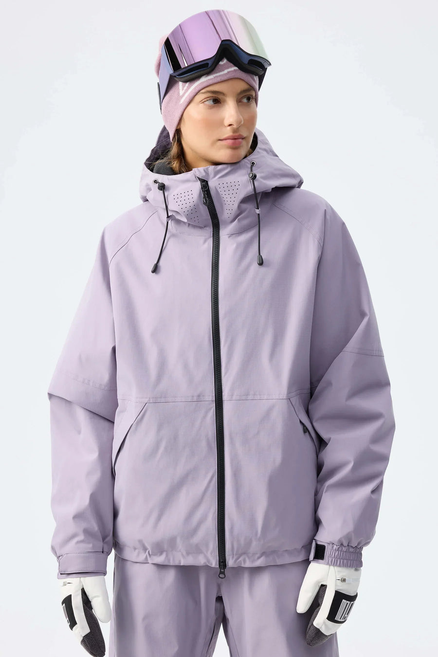 Veste de ski rose pâle imperméable à capuche réglable pour femme