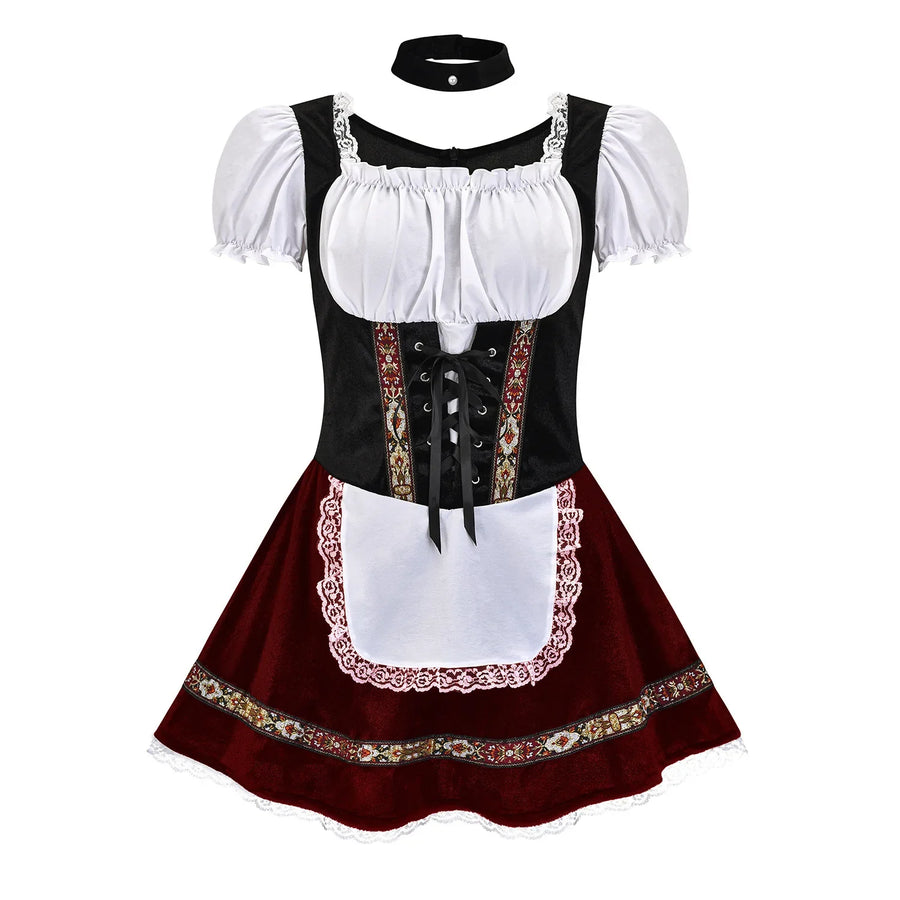Robe Dirndl Courte Femme avec Tablier et Col Ras-du-Cou Rouge Vin