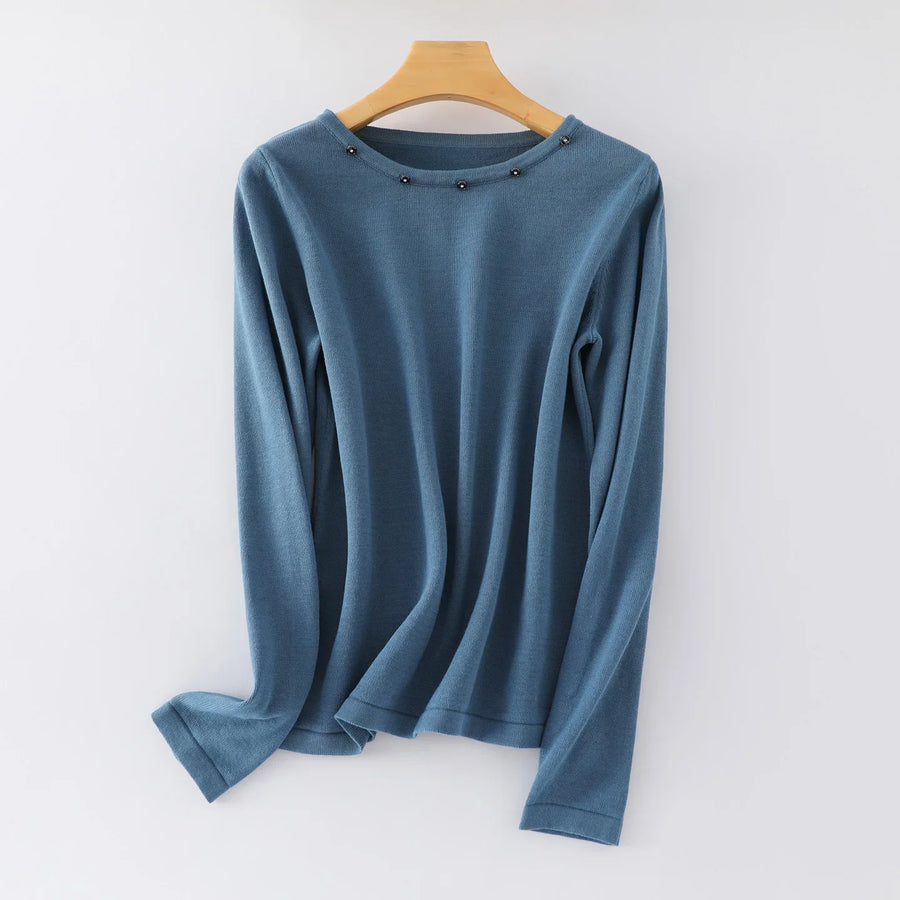 Women's fine-knit long-sleeve crew-neck top with metallic details