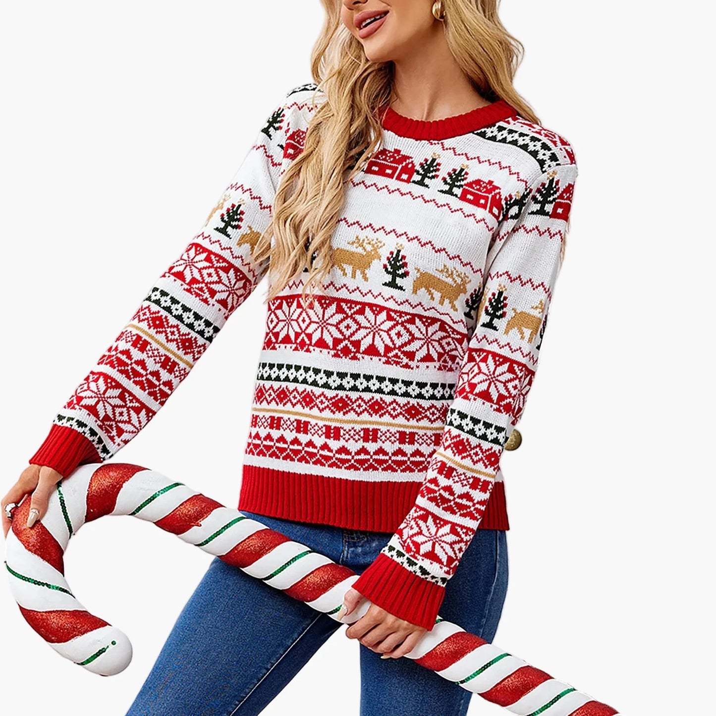 Damen-Weihnachtspullover mit skandinavischen Mustern und langen Ärmeln, festlicher Stil für Winter und Feste
