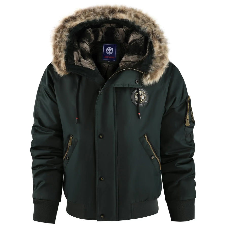 Chaqueta bomber de hombre con capucha ribeteada de piel sintética y forro cálido, negra