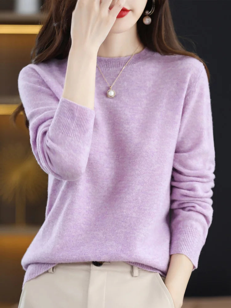 Pull col rond basique femme manches longues uni