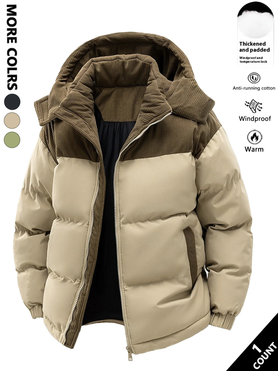 Black two-tone quilted hooded puffer jacket with corduroy-style design