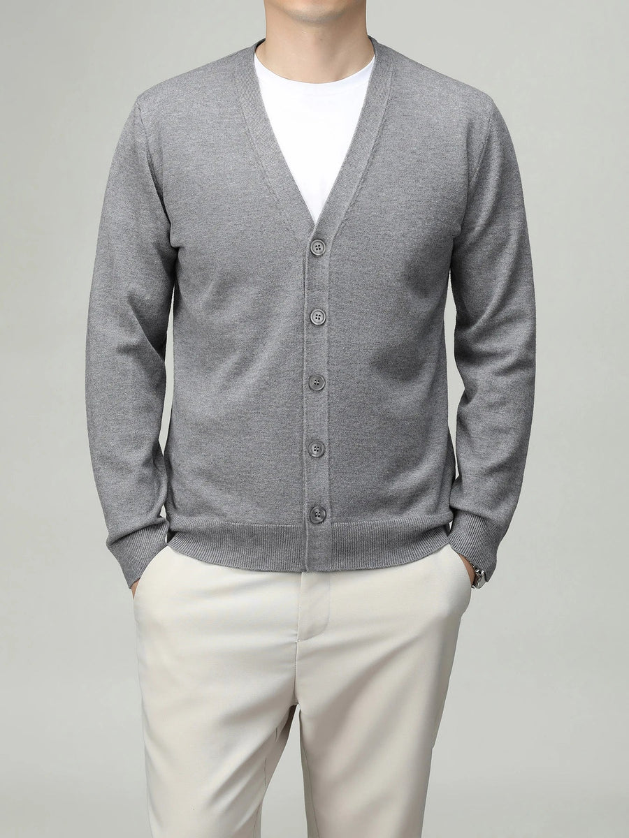 Chaleco cardigan ligero de color liso para hombre con cuello de pico, botones y mangas largas