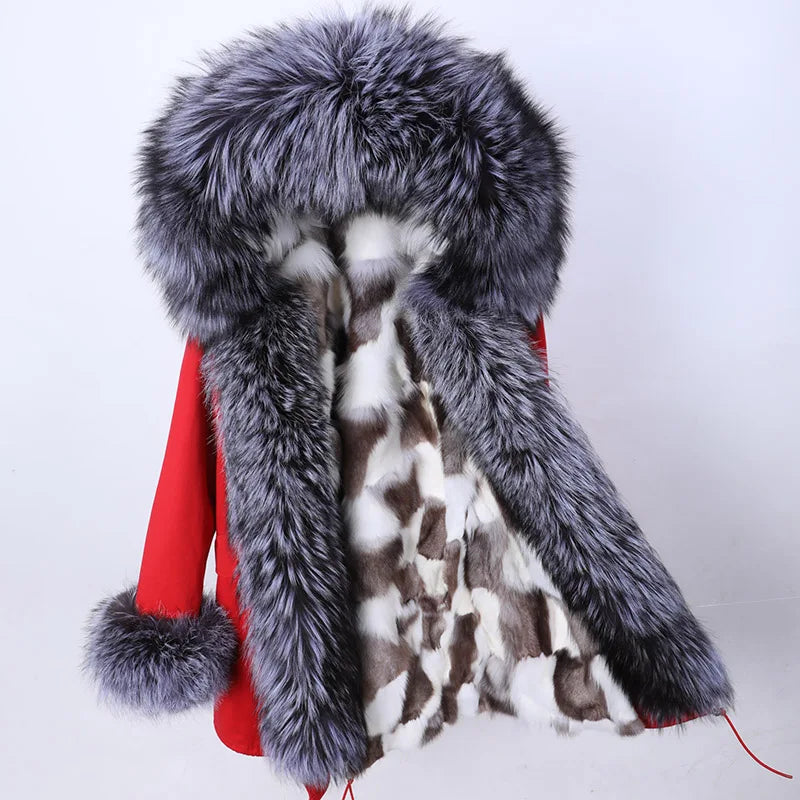 Parka invernale da donna con cappuccio, pelliccia rosa e fodera calda