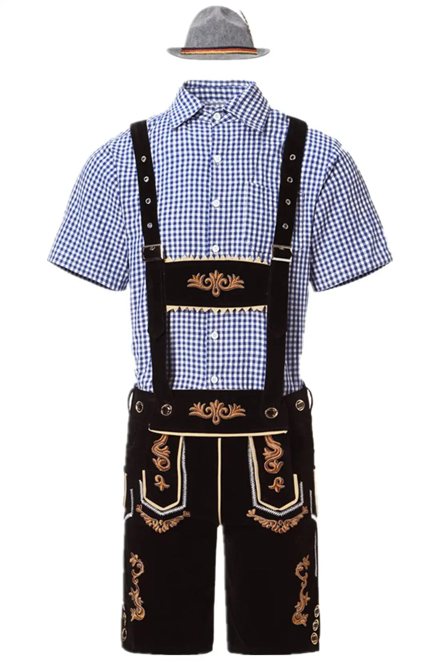 Costume da festa bavarese da uomo, camicia a quadri e pantaloncini Lederhosen