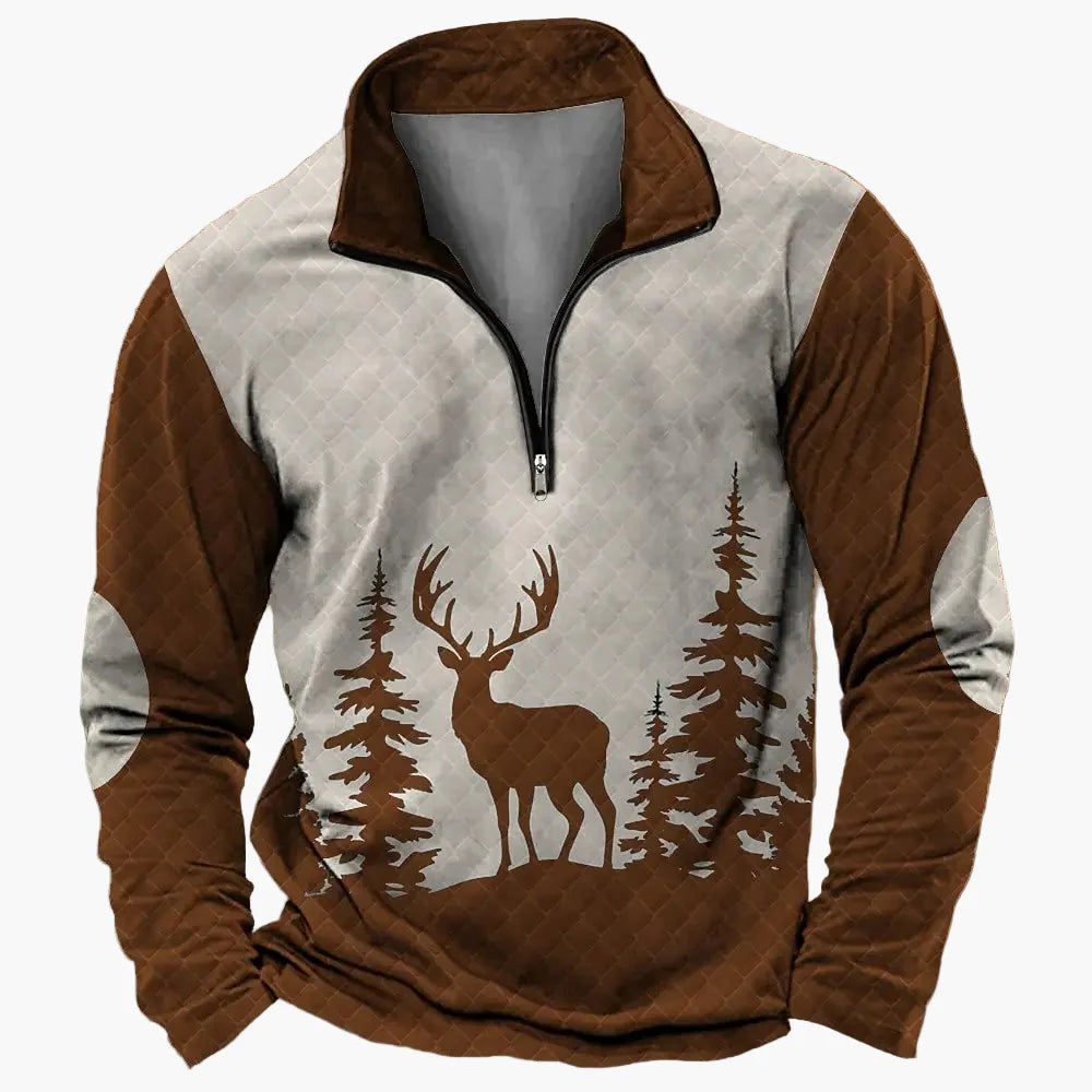 Sweat-shirt Homme Demi-zip Style Chasse Motif Cerf – Décontracté et Tendance
