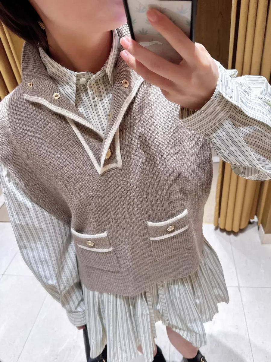 Women's khaki green knitted sleeveless sweater vest with mock neck and gold button details