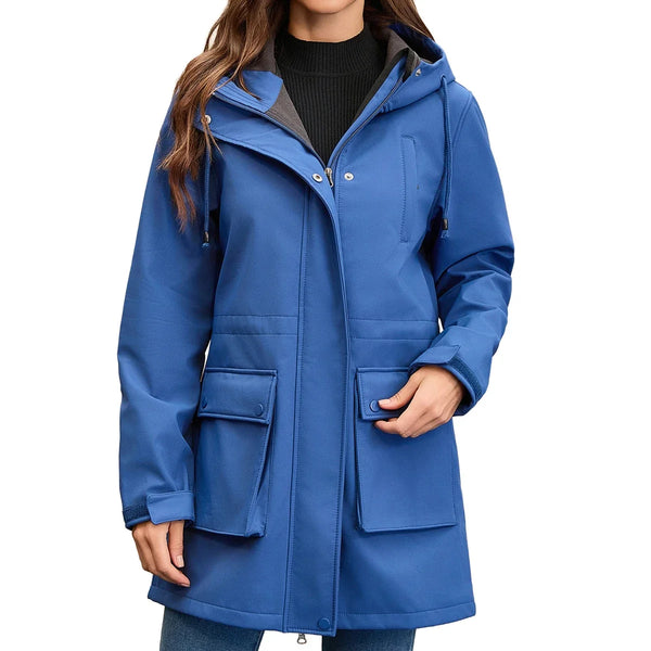 Parka impermeabile da donna con cappuccio e tasche, di media lunghezza
