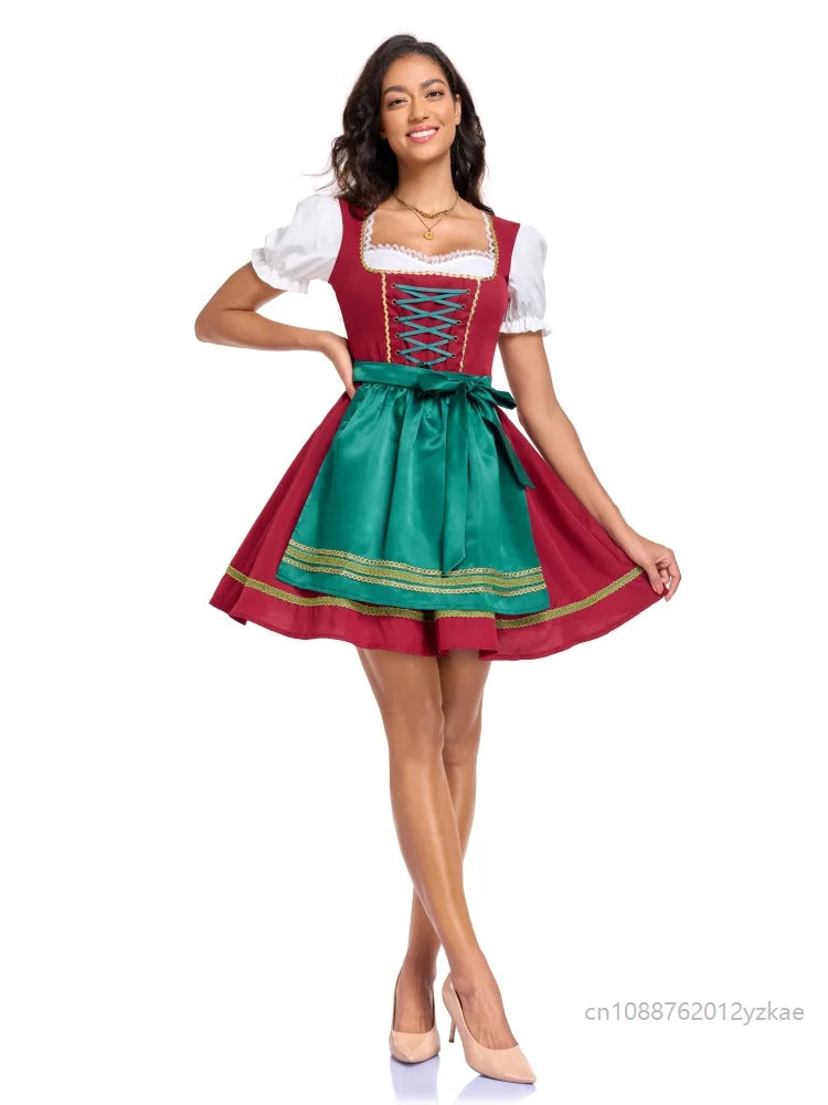 Traditionel kort rød og grøn dirndl-kjole til kvinder med korte ærmer