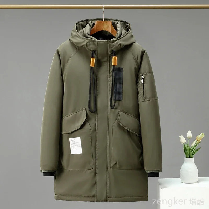 Parka larga acolchada informal con capucha, bolsillos con cremallera y solapa, para hombre
