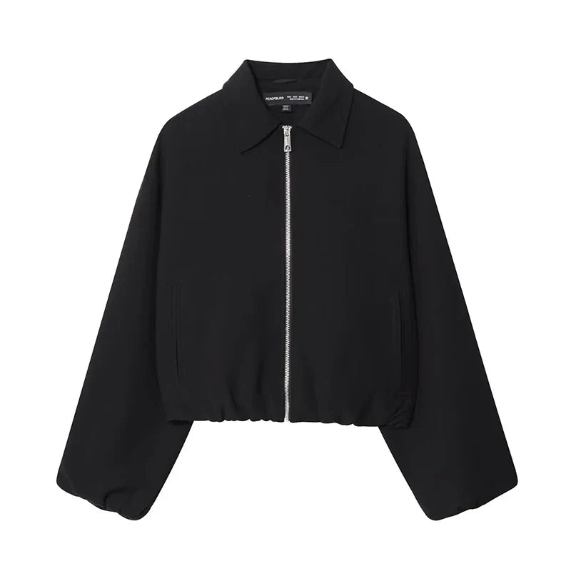 Blouson court femme décontracté à col chemise et manches amples
