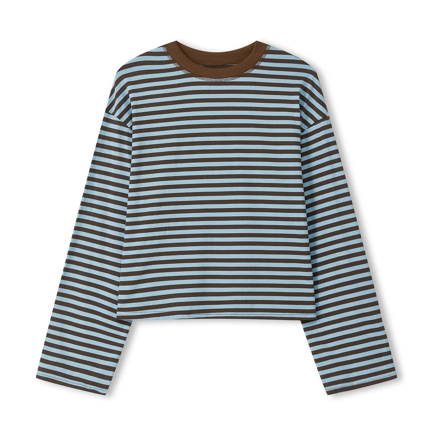 Gestreept dames-T-shirt met lange mouwen, kort en losvallend