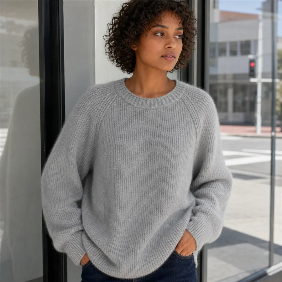 Jersey acogedor de cuello redondo y mangas raglán para mujer
