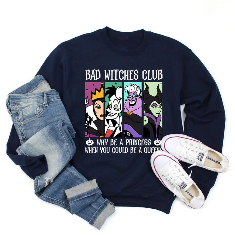 Damska bluza z okrągłym dekoltem i nadrukiem „Bad Witches Club”, z długimi rękawami, casualowa
