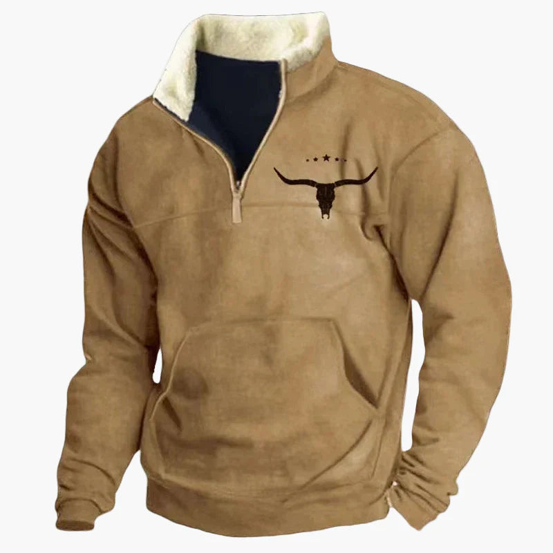 Sweat-shirt polaire homme style western à col zippé – Motifs ethniques et bisons
