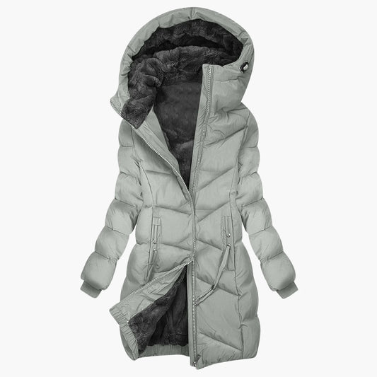 Cappotto invernale lungo da donna con cappuccio stile piumino antivento elegante
