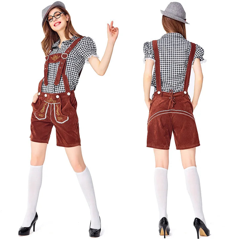 Damen-Lederhosen-Set mit Karomuster, Hemd und Träger-Shorts im bayerischen Stil