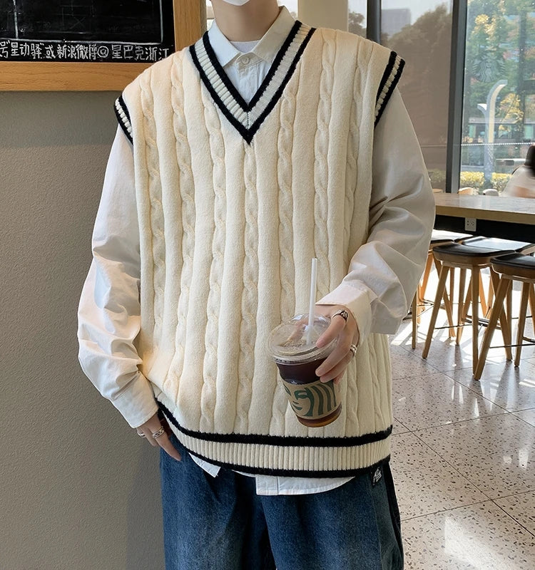 Gilet Pull Homme Sans Manches Col V Tricot Torsadé Rayures Contrastées
