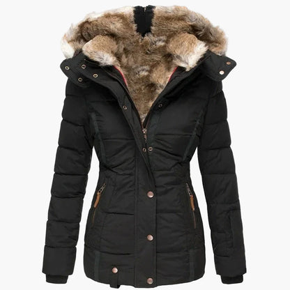 Vinterjakke til dame med hette, elegant urban stil, innsvingt passform, pelskrage og glidelåslukking