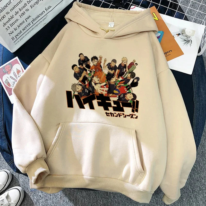 Unisex hettegenser med Haikyuu-grafikktrykk, avslappet stil