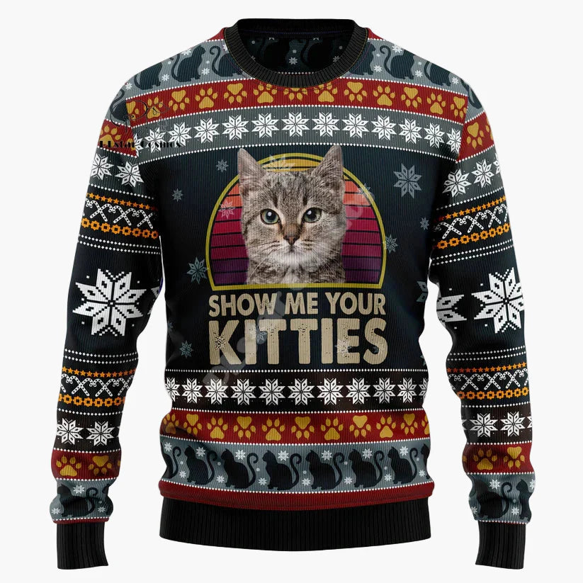 Julegenser herre med humoristisk katt "Show Me Your Kitties" – sweatshirt med katt og snøfnugg, perfekt til høytid og gaver