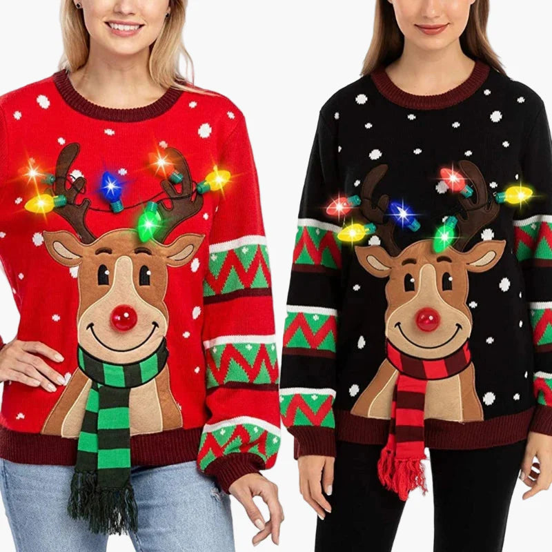 Pull de Noël Femme avec Renne Lumineux, Style Festif pour Fêtes et Hiver