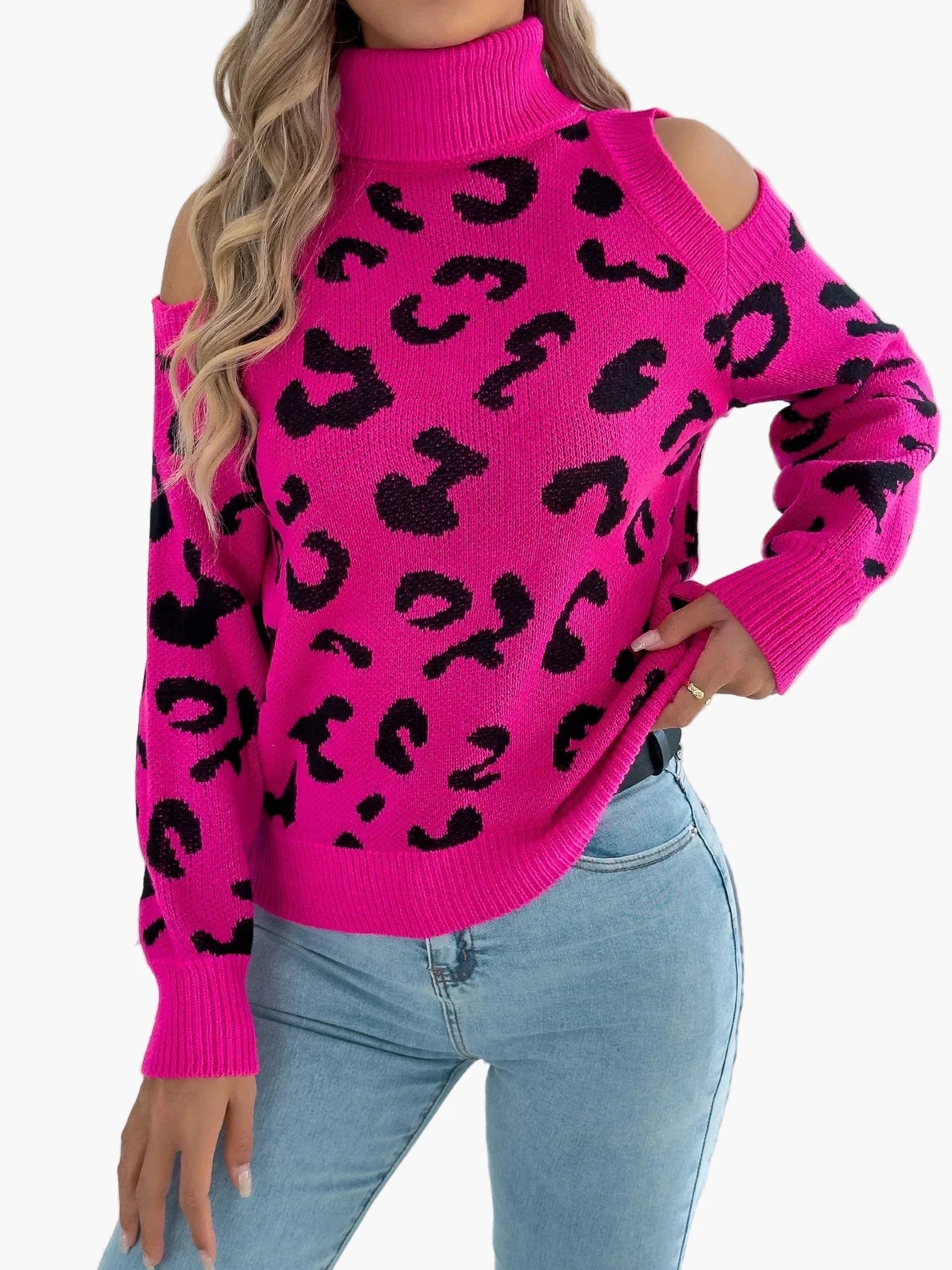 Jersey de mujer a la moda con hombros descubiertos y estampado de leopardo estilo urbano